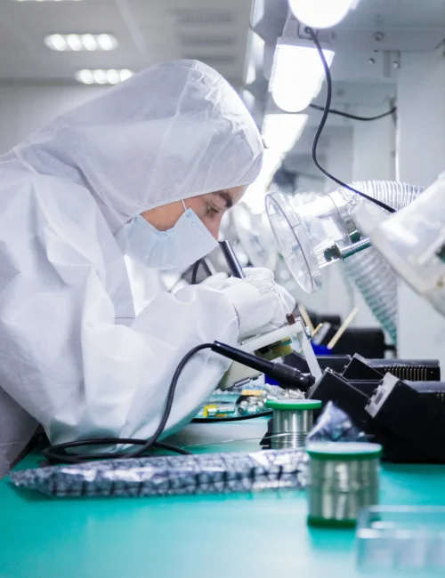 factory-workers-white-lab-suits-face-masks-sitting-chairs-are-producing-tv-sets-with-soldering-irons-bright-lamps